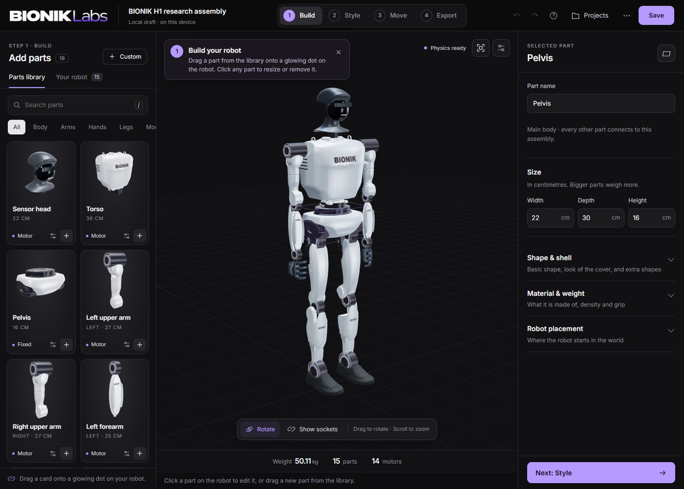 The BIONIK robot builder with a 3D humanoid, parts library, and simple editing controls